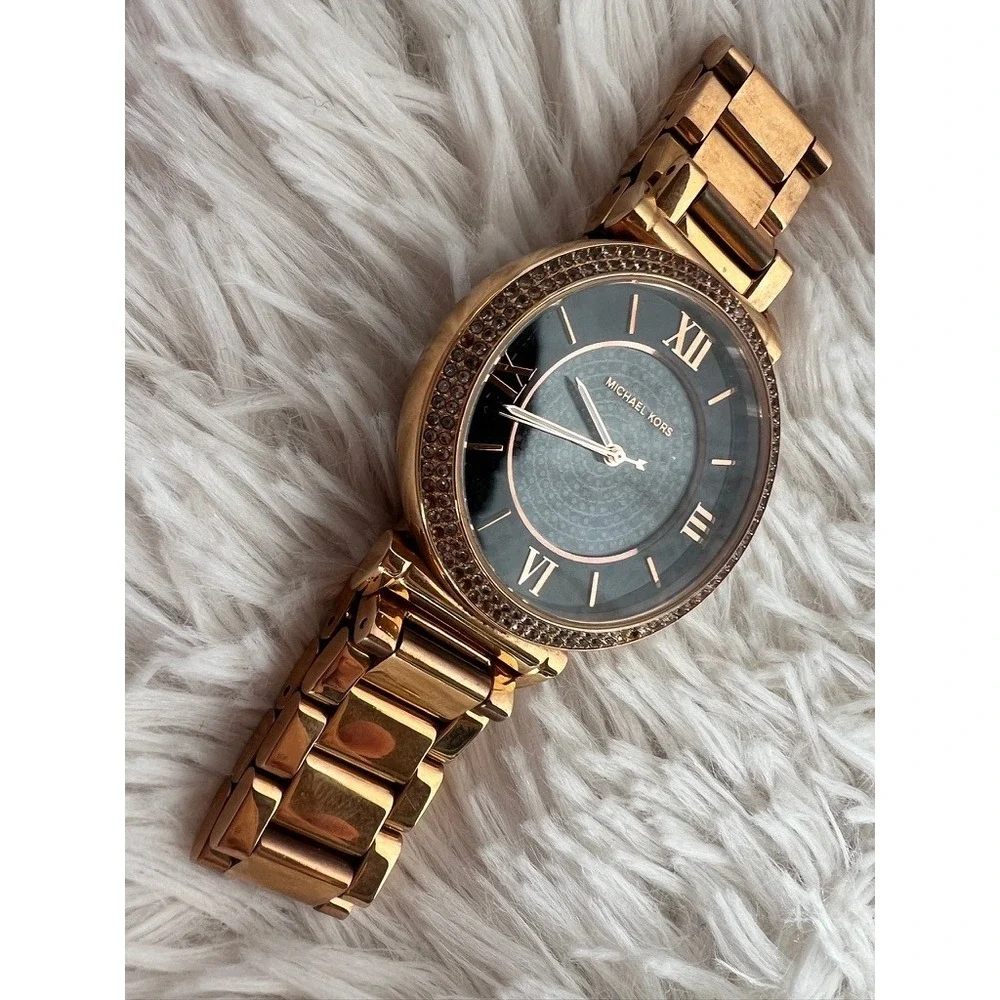 Michael Kors Watch Rose Gold  Black Sparkle Dial Crystal‎ Bezel Needs Battery